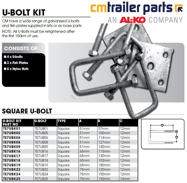 CM Axle U-Bolt Kit 51SQ x 140mm - 4 x U-Bolt 2 x Fish Plate